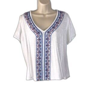 KNOX ROSE White V Neck Embroidered Boho Bohemian Short Sleeve Top Womens XL